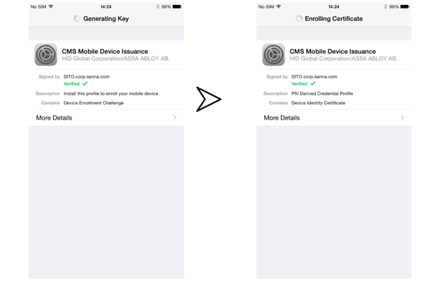 Two iPhone screens showing the key generation and the certificate enrollment during CMS Mobile Device Issuance